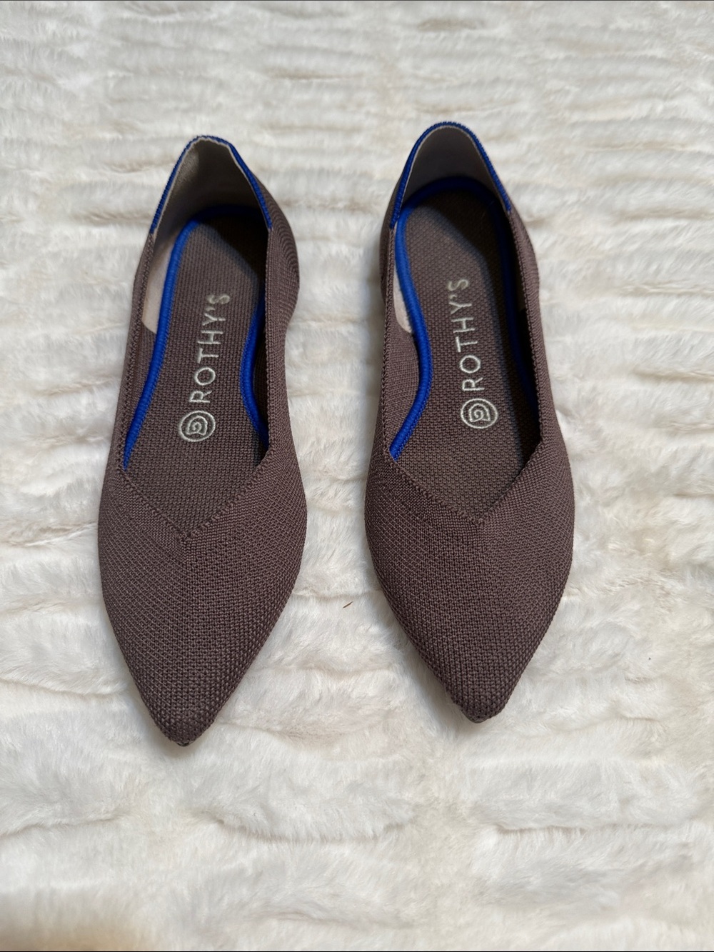 Rothy's Pointed Knit Flats in Brown with Blue Trim